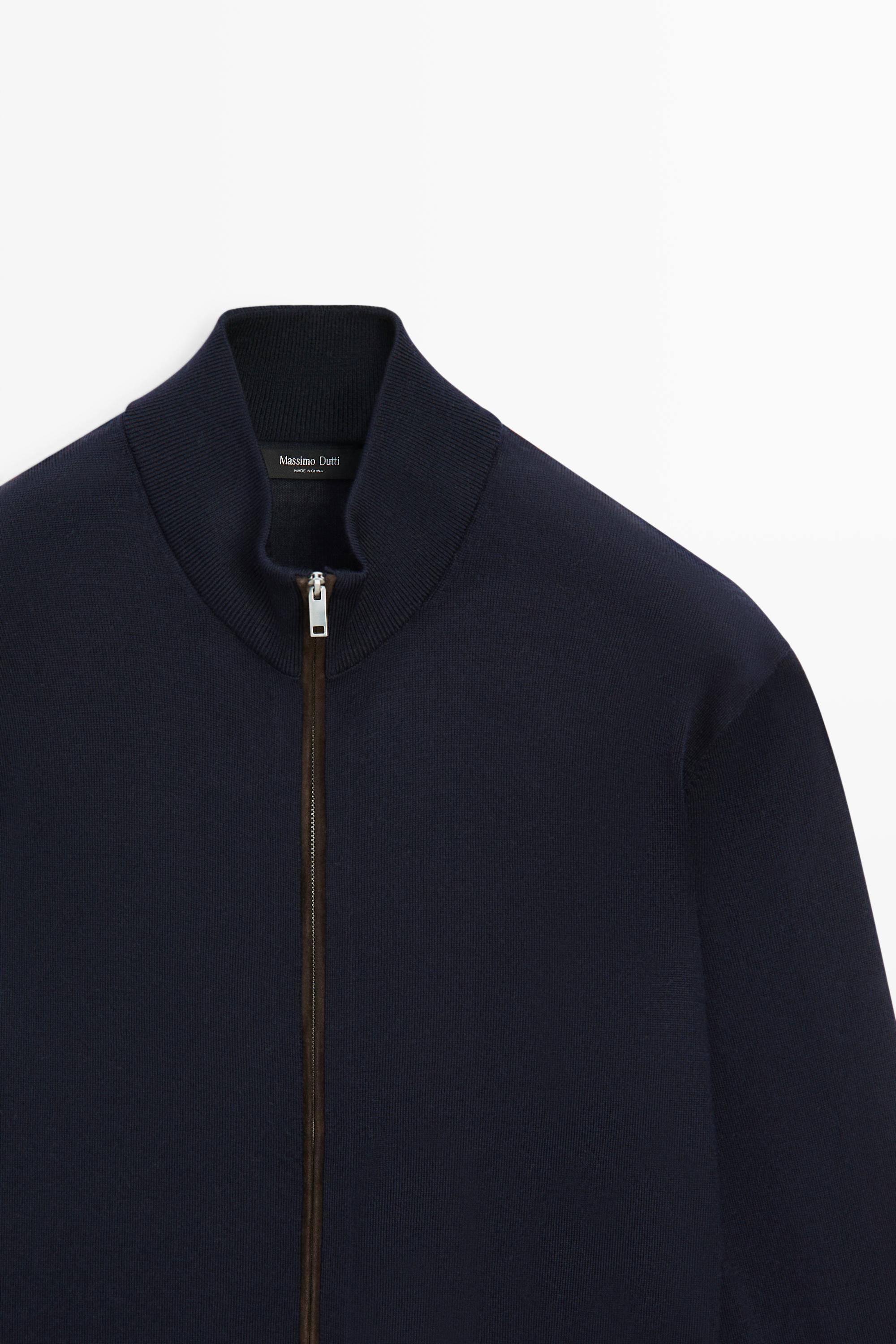 Merino wool blend zip-up knit cardigan